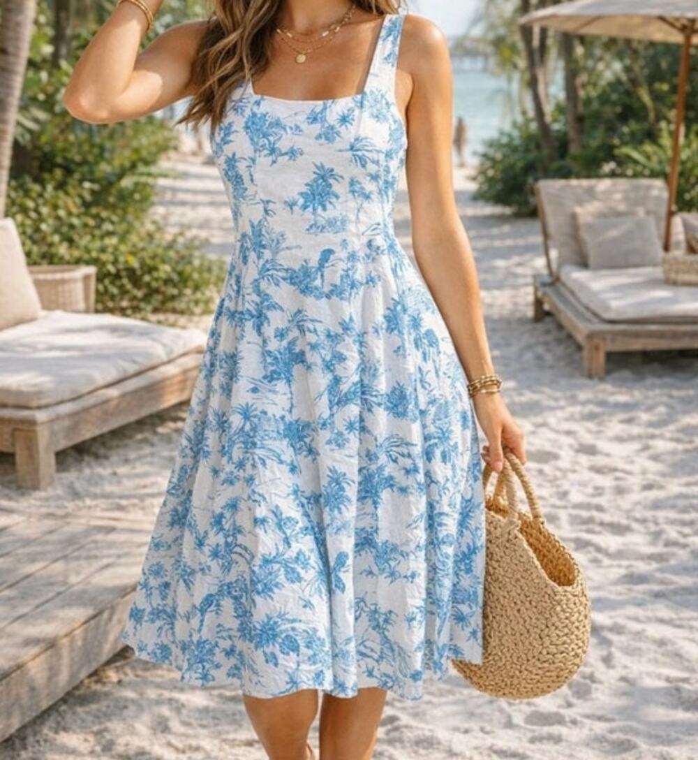 Joie Blue White Palm Tree Print Linen Blend Square Neck Midi Dress